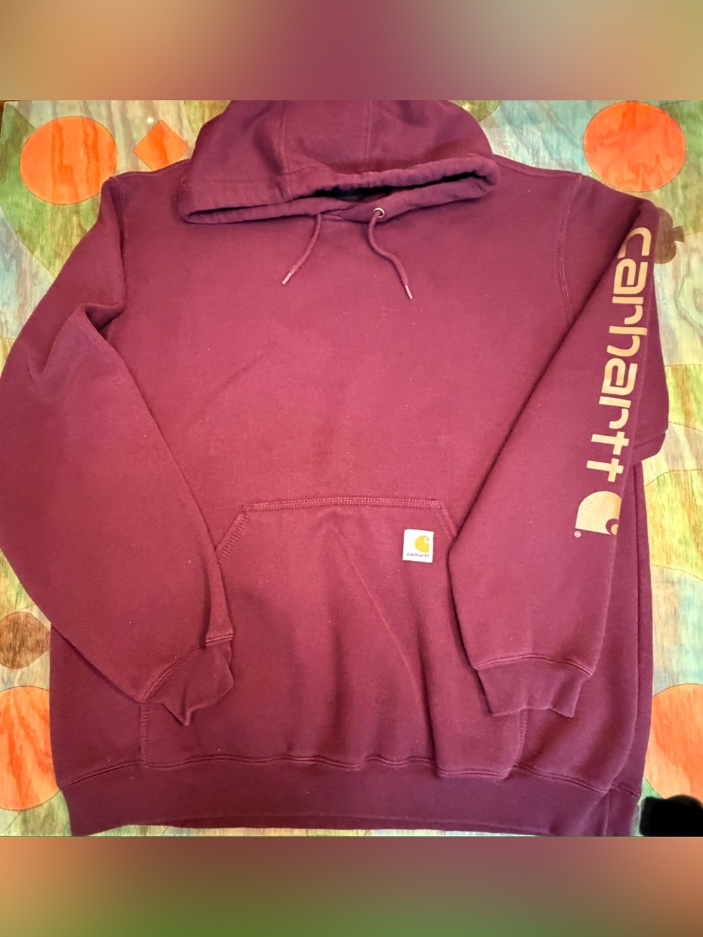 Carhartt Hoodie Mens XL Burgundy Pullover Fleece Sweatshirt Sleeve Logo Loose Fi